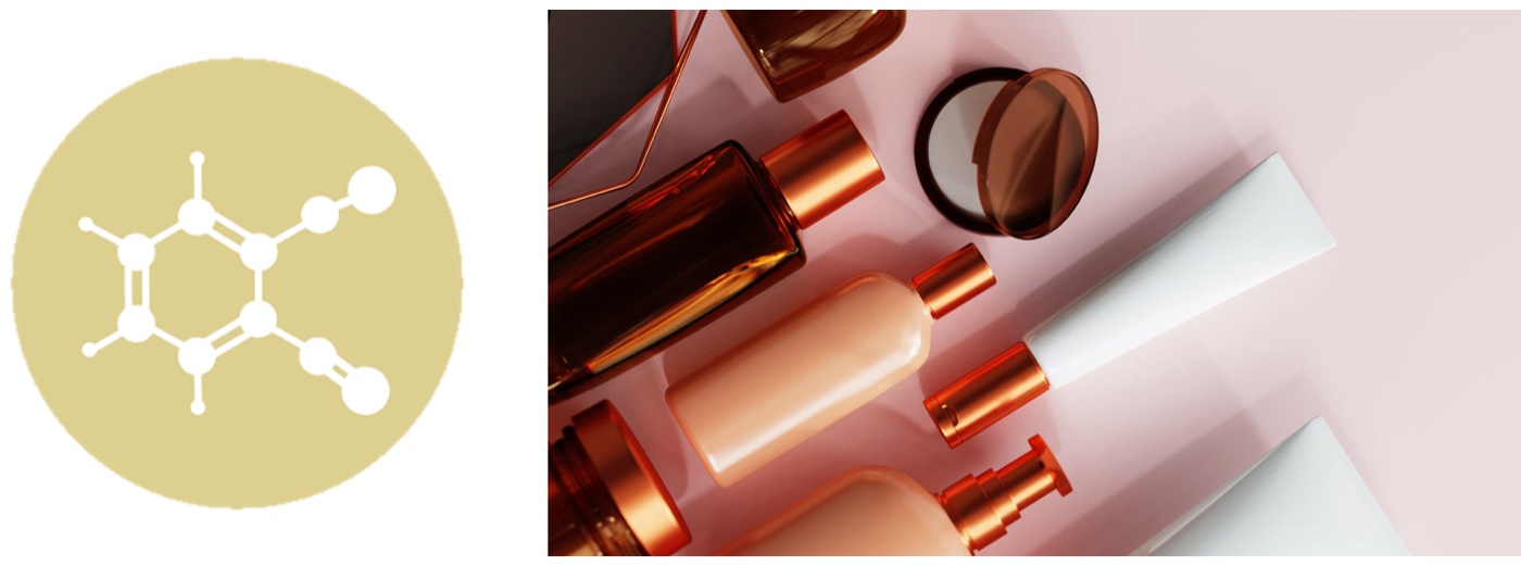 A chemical structure icon of a phthalate molecule beside a flat lay photo of perfume bottles, serum pumps, a compact, and cream tubes on a pink background.
