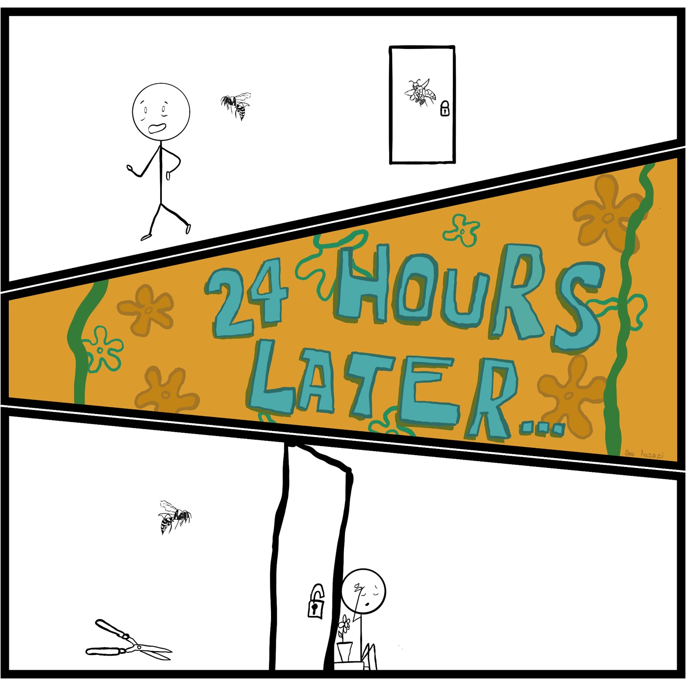 Three-panel stick figure comic. A worried person stands in a room with a wasp and a locked door. A banner reads twenty-four hours later. The person then walks out unharmed past an unlocked door.
